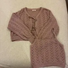 レース編みピンクカーディガンセット