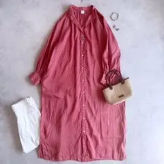美品▲アーバンリサーチドアーズ リネン ギャザー シャツワンピース ピンク