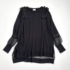 美品　Sono シルク麻混 異素材フリルニット ブラック バックシアーのサムネイル