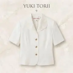 高級感YUKI TORII刺繍襟 肩パッド半袖ブラウス 白M 9号エレガンス　夏