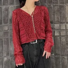 新品タグ付き✨ JEANASISパッチワークレースカーディガン　レッドのサムネイル