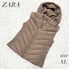 ZARA フーデッド キルティングベスト ダウンベスト風 ベージュ XL