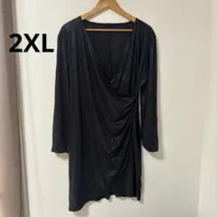 光沢【2XL】Vネック ラップ風 ブラック ドレス 長袖チュニック 黒 ワンピ