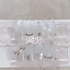 現品⋈ネイルチップ 水色 推し 量産型 韓国 ワンホン リボンちゅるん スナ系