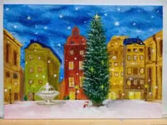 スウェーデン冬の街並み クリスマス　アクリル画