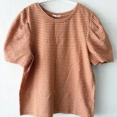 GU タックスリーブT 半袖 ギンガムチェック L オレンジ ジーユーのサムネイル