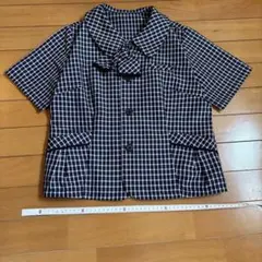 事務服 チェック柄 半袖 上着 ブラウス ネイビー リボン付き