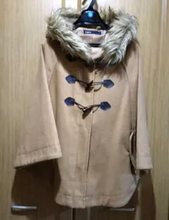 ベージュ ポンチョコート ファー付き