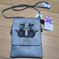 猫刺繍 グレー サコッシュ