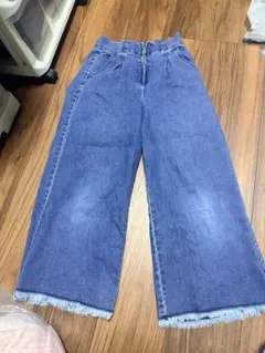 デニムブルー フリンジ付きワイドパンツ 140