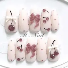 ネイルチップ フレンチガーリー リボン ピンク さくらんぼネイル 量産