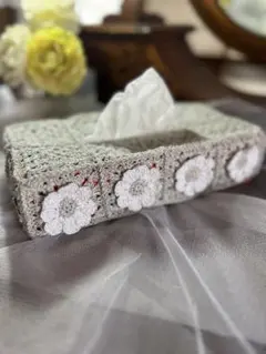 ハンドメイド かぎ針編み ティッシュケース　シルバーグレー