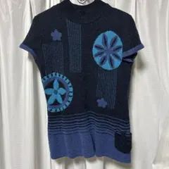 幾何学模様 ノースリーブセーター M-L ネイビー系