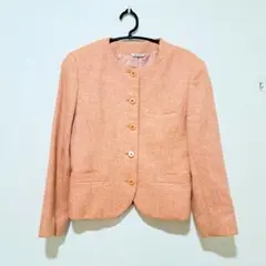 ノーカラージャケット 毛100% ウール　7AR　ヘリンボーン　サーモンピンク