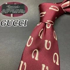 GUCCI グッチ　ネクタイ　ボルドー　レッド　ホワイト　U型　総柄　シルク