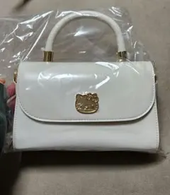 ハローキティ　持ち手付きロングストラップショルダープレートバッグ　ホワイト