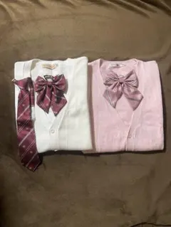 リボン付きカーディガンセット（ホワイト・ピンク）制服コスプレ