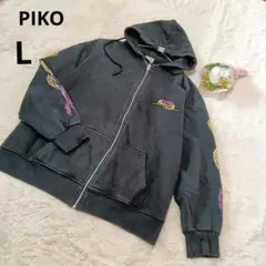 PIKO ピコ 長袖パーカー メンズ フルジッパー 黒 プリント 綿 /L