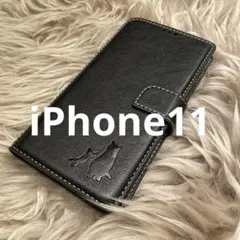 iPhone11 手帳型スマホケース　レザー　黒　猫　仔猫　シンプル　黒猫