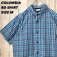 COLUMBIA コロンビア　半袖チェック柄BDシャツ　ブルー系M アメリカ古着