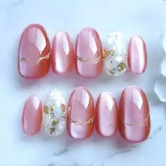 鮮やかな赤のマグネットネイル　シェル　ミラーネイル　結婚式　成人式　卒業式　前撮