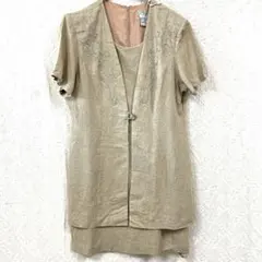 美品 ドッキングワンピース L相当 ベージュ 刺繍アンサンブル風 リネン混 春夏