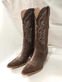 ウエスタンブーツ レディース ロングブーツ 牛床革刺繍入り 尖頭デザイン