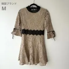 【14】中古美品 韓国ファッション レースミニワンピース 七分丈 キャメル M