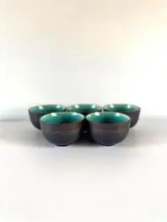 陶器製茶碗 5個セット 茶色・青緑