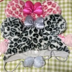 ヒョウ柄耳付き帽子 58cm グレー ピンク