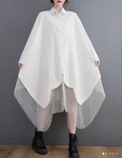 アシンメトリー シャツワンピース ホワイト チュール