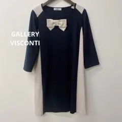 ギャラリービスコンティ　ワンピース　リボン　　紺＆ベージュ　ひざ丈　7分袖