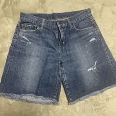 デニムショートパンツ ダークブルー ダメージ加工