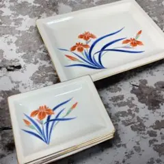 有田焼　庫山窯　色絵菖蒲文 菖蒲草花文角皿　大皿と銘々皿5枚