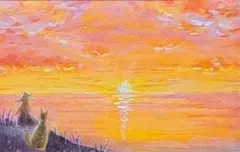 風景　夕日　手描き　原画　ポストカードサイズ　フレーム付き　女の子とネコ