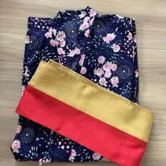 西松屋　浴衣　帯　2点セット　ネイビー　紺色　花火柄　ピンク　ハートのサムネイル