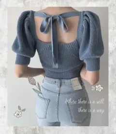 新品 leune / ルネ 後ろリボン パフ スリーブ トップス ブルーのサムネイル