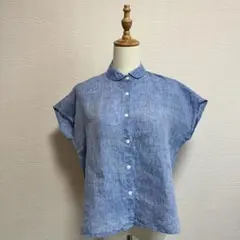 リネン100%✨丸襟　フレンチスリーブシャツ（S）水色系　ナチュラル素材