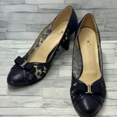 【極美品】DIANA　パンプス　シースルー　刺繍　プレート　リボン　ラウンドトゥ