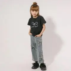 【2点セット】リボンプリントTシャツ＋デニムリボンストレートパンツ