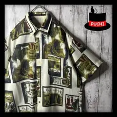 【総柄ポリシャツ】レトロシャツ☆テロ感☆アート☆緑　アイボリー☆M〜L