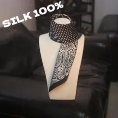 シルク100% スカーフ ペイズリー/ドット 正方形 黒 バロック 春夏秋冬