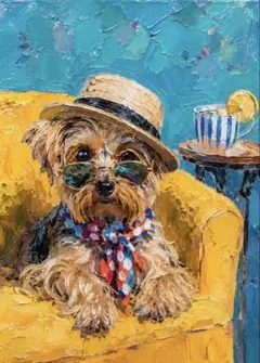 犬の油絵風アートポスター トイプードル 海辺の風景 犬の絵 A4