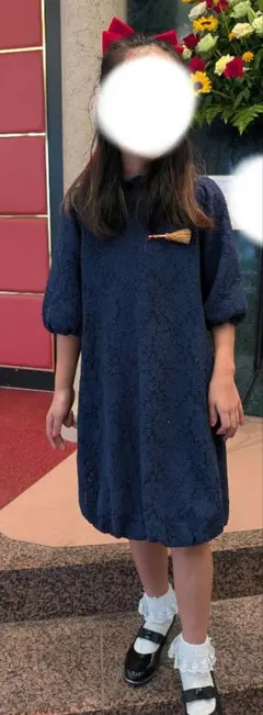 ネイビー レース 七分袖ワンピース　130