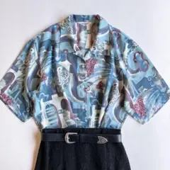used レトロ 青系 幾何学模様 シャツ 古着 ヴィンテージ vintage