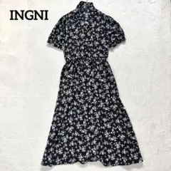 【イング】M 半袖シャツロングワンピース　ブラック　花柄　夏