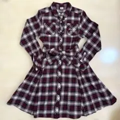 メゾピアノ 150 リボンベルトつき シャツワンピース　赤　チェック