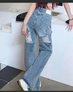 バッグダメージデニムストレートパンツ M