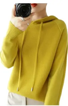 フード付きマスタードニットセーター XL
