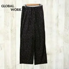 グローバルワーク ワイド イージーパンツ M ブラック 黒 幾何学模様 リネン混